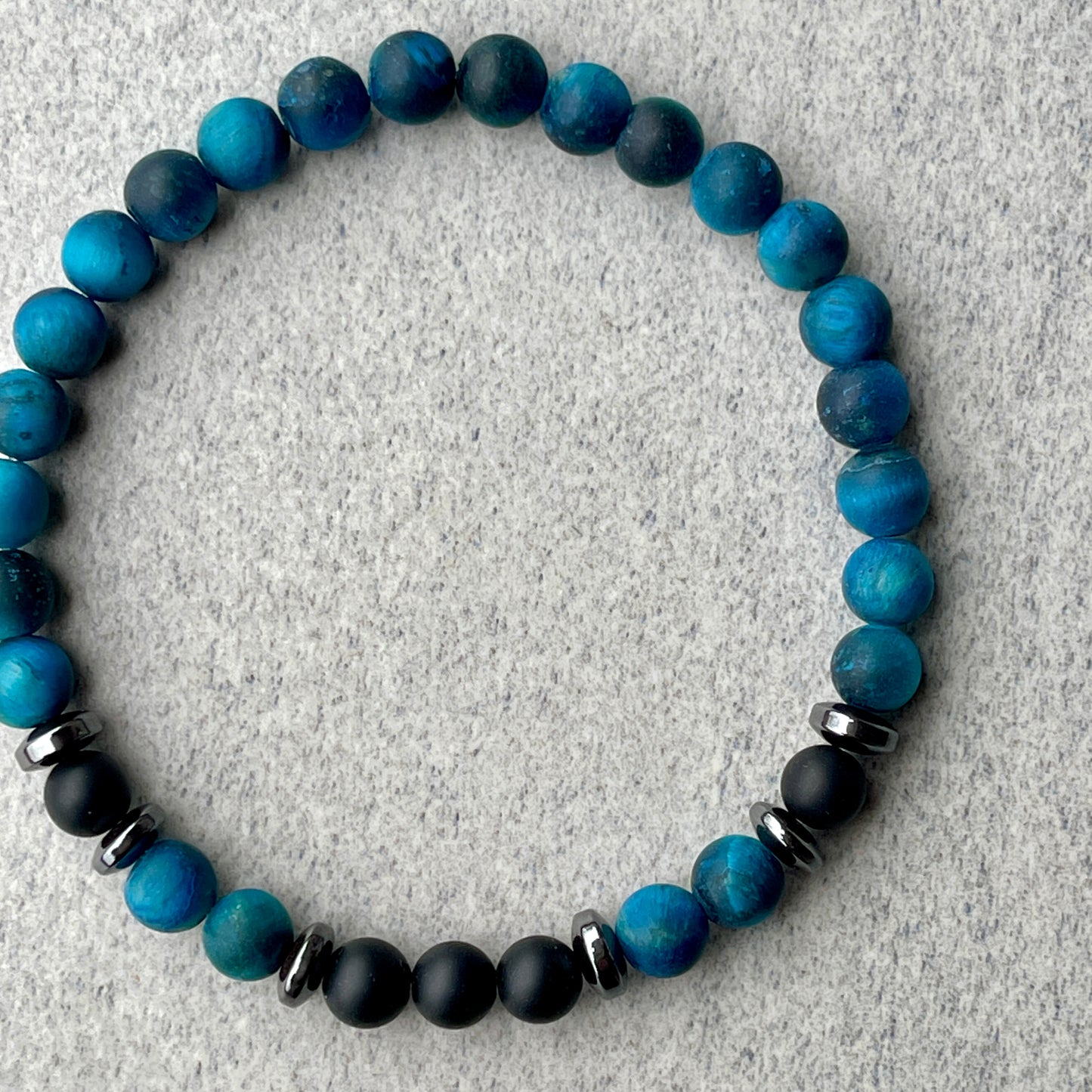 Matte Aqua Blue Tiger Eye & Matte Onyx Beaded Bracelet