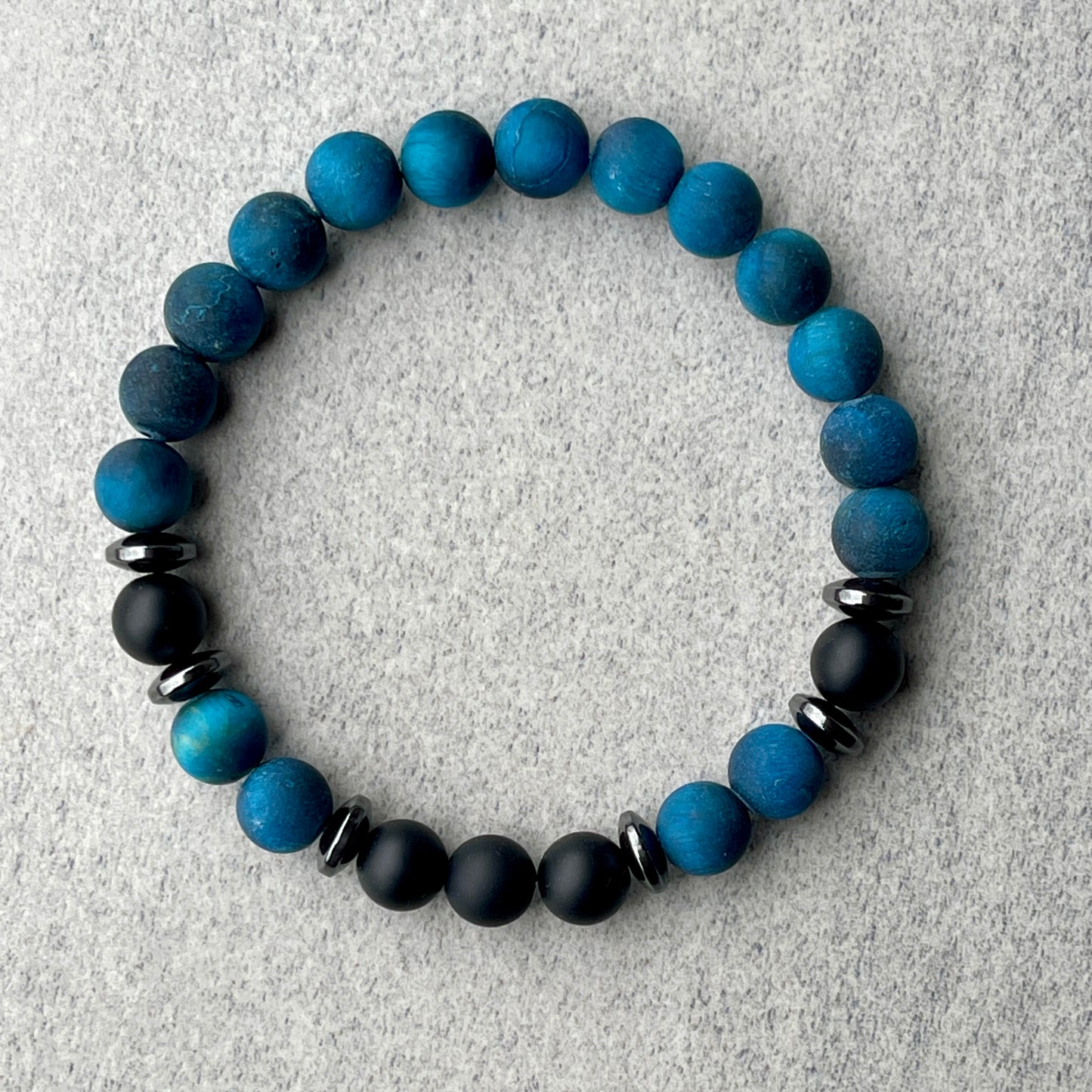Matte Aqua Blue Tiger Eye & Matte Onyx Beaded Bracelet