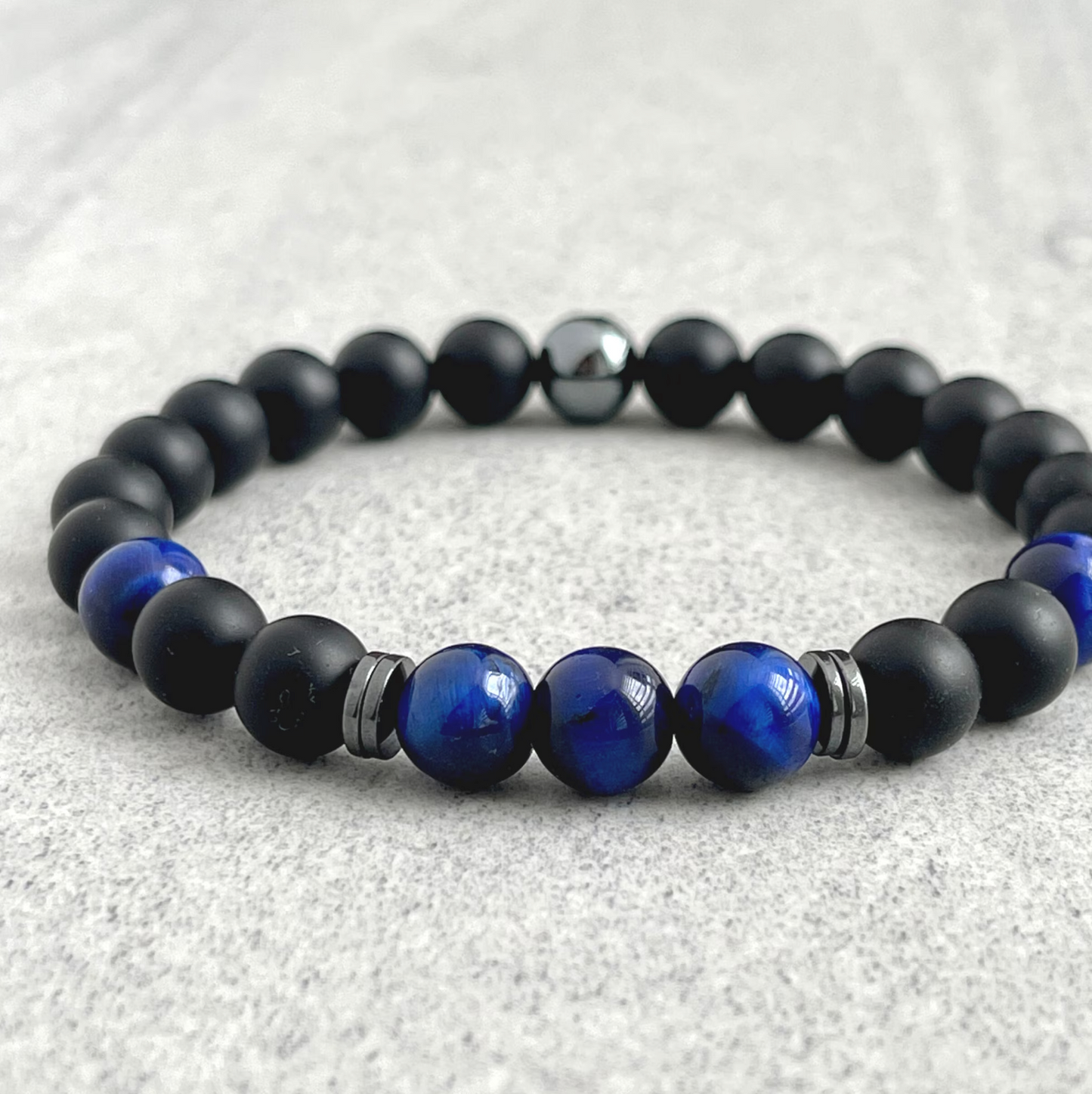 Onyx, Blue Tiger Eye and Hematite Beaded Stretch Bracelet