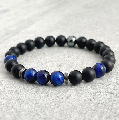 Onyx, Blue Tiger Eye and Hematite Beaded Stretch Bracelet