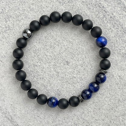 Onyx, Blue Tiger Eye and Hematite Beaded Stretch Bracelet