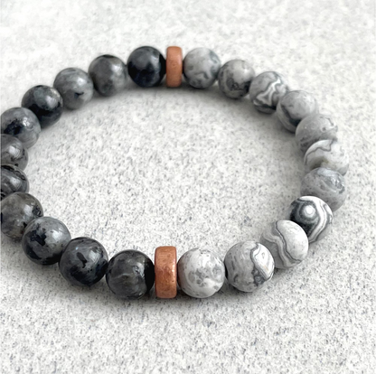 Half & Half Black Labradorite & Matte Map Jasper Beaded Bracelet with Cheesewood