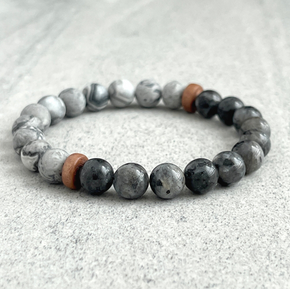 Half & Half Black Labradorite & Matte Map Jasper Beaded Bracelet with Cheesewood