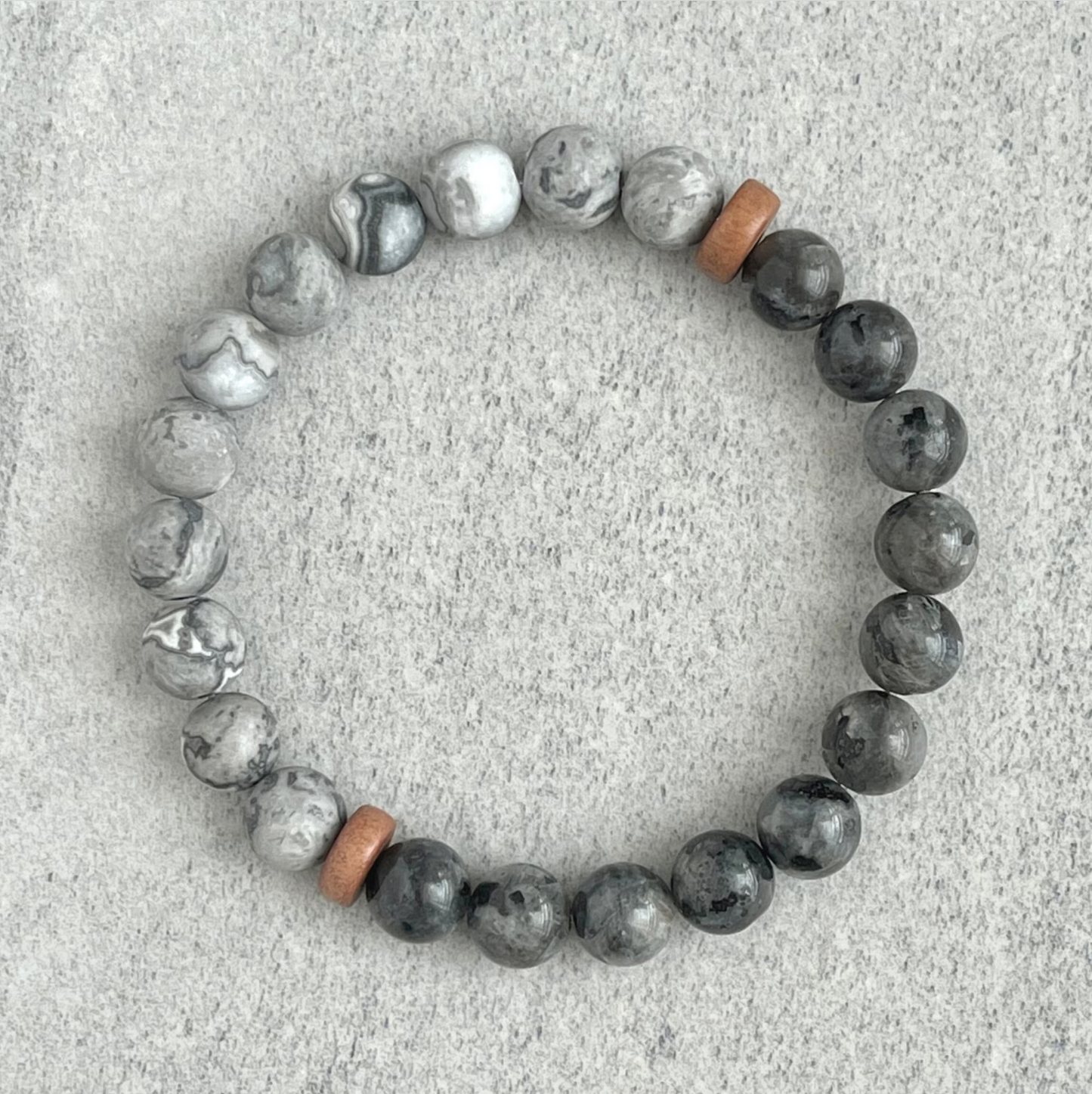 Half & Half Black Labradorite & Matte Map Jasper Beaded Bracelet with Cheesewood