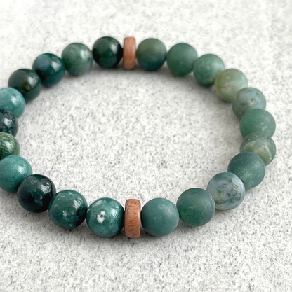 Half & Half Moss Agate & Matte Moss Agate Beaded Bracelet with Cheesewood