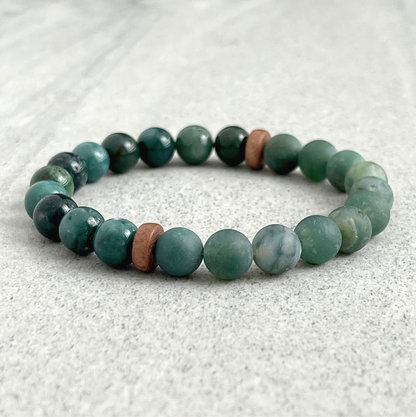 Half & Half Moss Agate & Matte Moss Agate Beaded Bracelet with Cheesewood