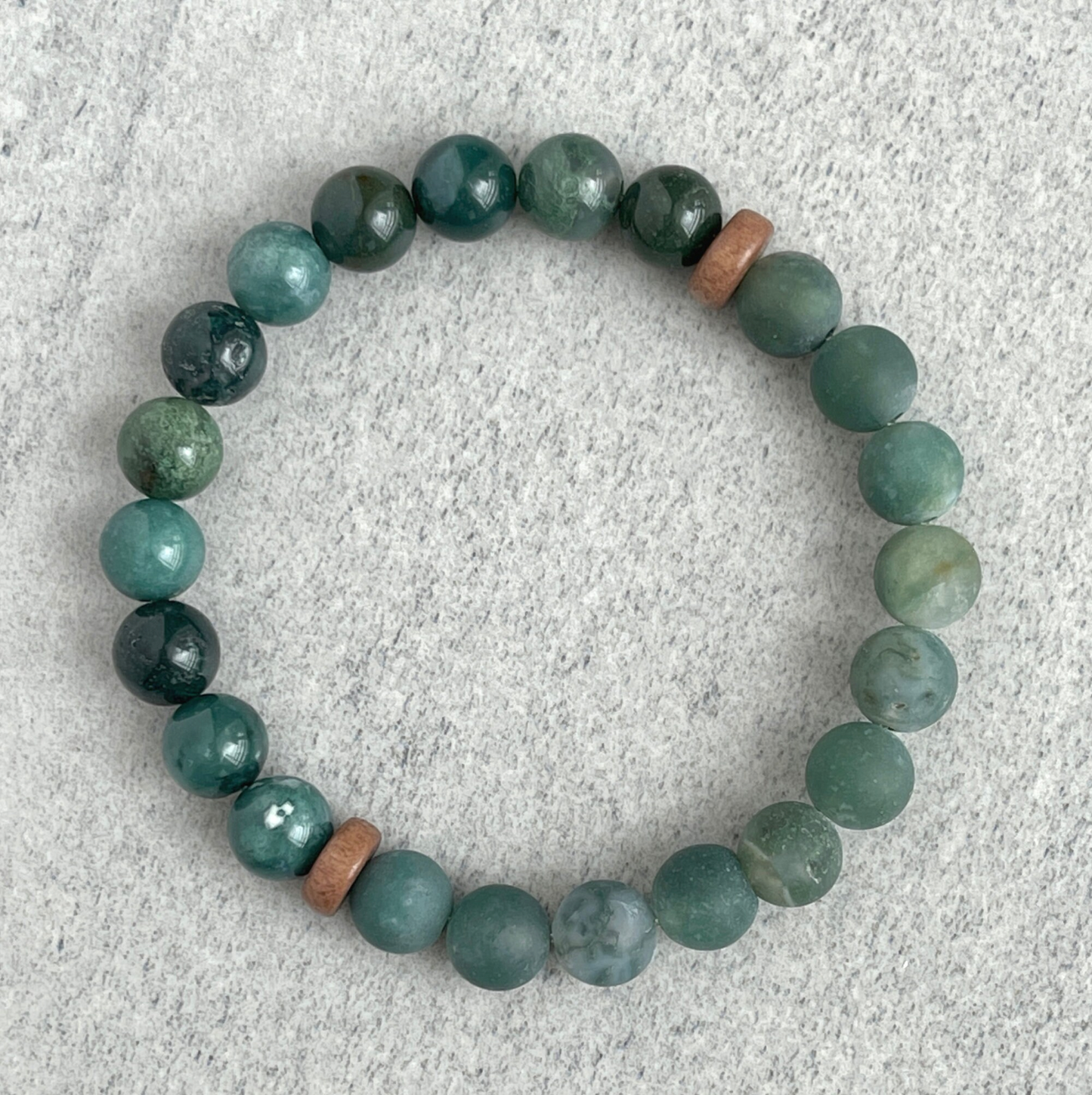 Half & Half Moss Agate & Matte Moss Agate Beaded Bracelet with Cheesewood