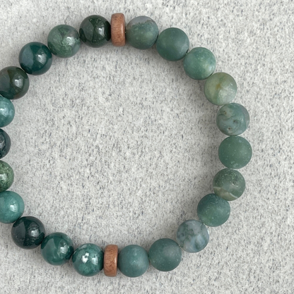 Half & Half Moss Agate & Matte Moss Agate Beaded Bracelet with Cheesewood