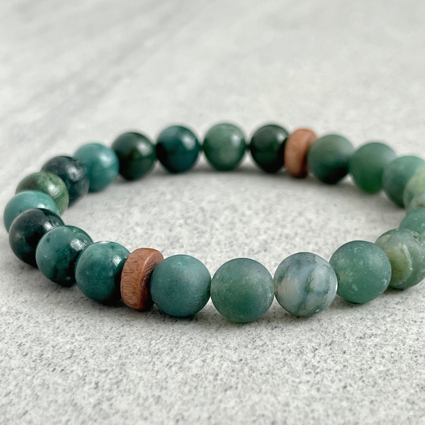 Half & Half Moss Agate & Matte Moss Agate Beaded Bracelet with Cheesewood