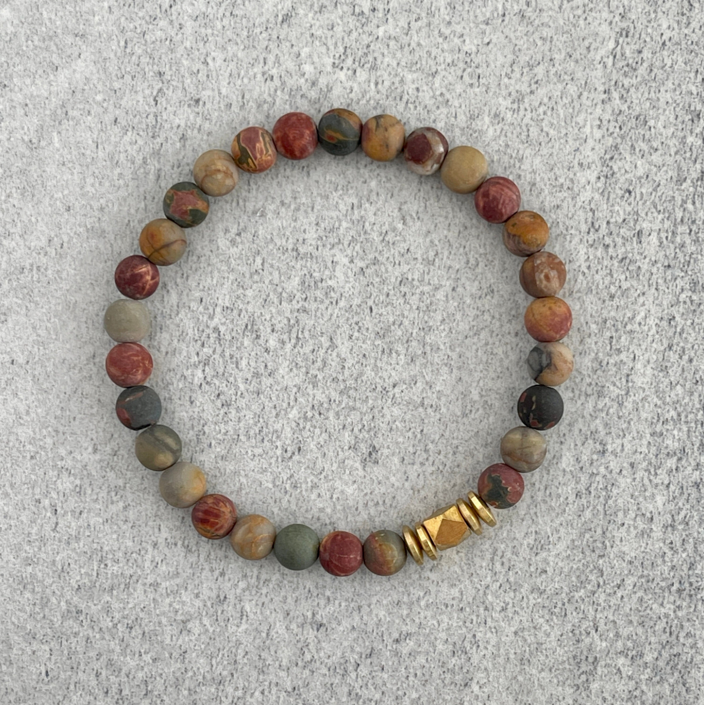 Matte Picasso Jasper Gemstone Bracelet with Faceted Brass and Rondelles