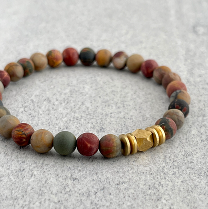 Matte Picasso Jasper Gemstone Bracelet with Faceted Brass and Rondelles