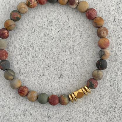 Matte Picasso Jasper Gemstone Bracelet with Faceted Brass and Rondelles