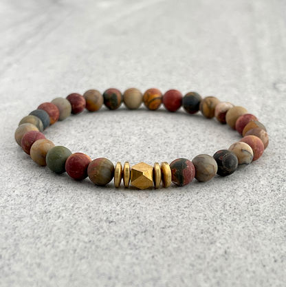 Matte Picasso Jasper Gemstone Bracelet with Faceted Brass and Rondelles