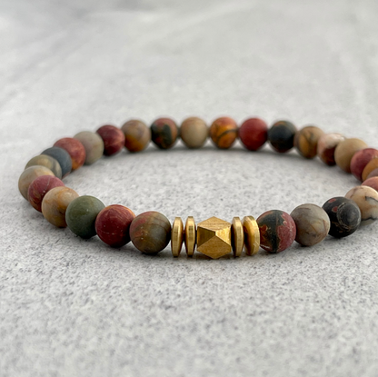 Matte Picasso Jasper Gemstone Bracelet with Faceted Brass and Rondelles