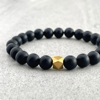 Matte Onyx Beaded Bracelet with Faceted Brass Bead