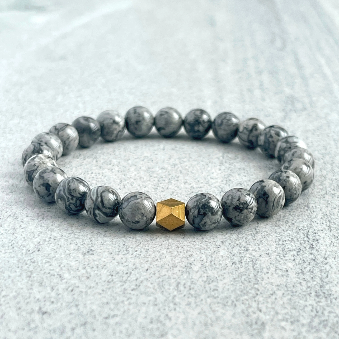 Map Jasper Beaded Bracelet with Faceted Brass Bead