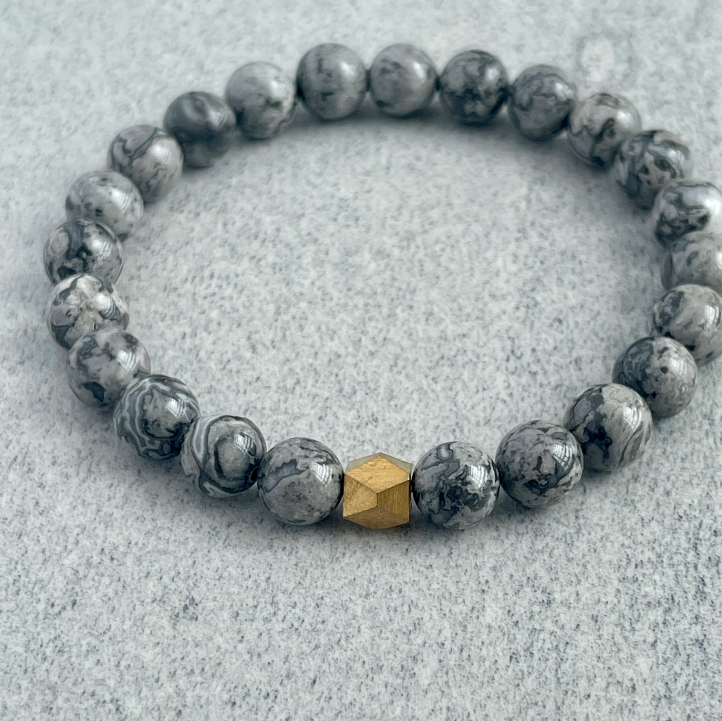 Map Jasper Beaded Bracelet with Faceted Brass Bead