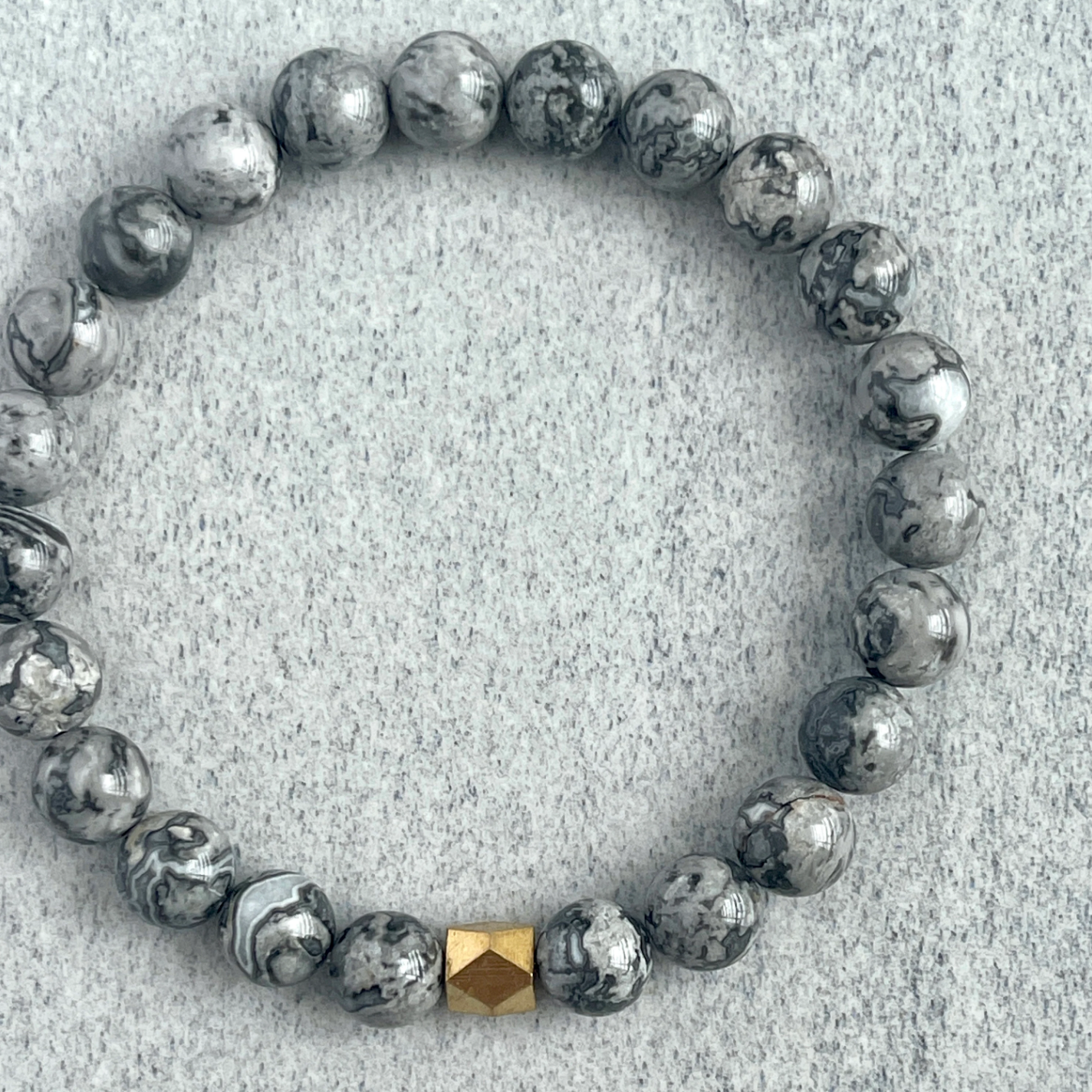 Map Jasper Beaded Bracelet with Faceted Brass Bead