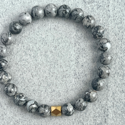 Map Jasper Beaded Bracelet with Faceted Brass Bead