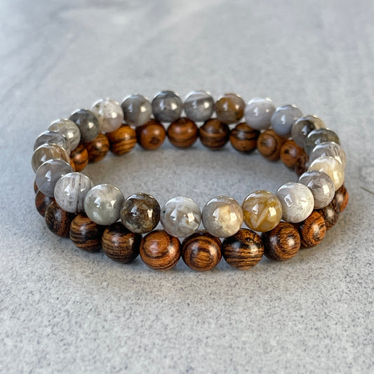 2-Pk Tiger Skin Sandalwood & Bamboo Leaf Agate Bracelet