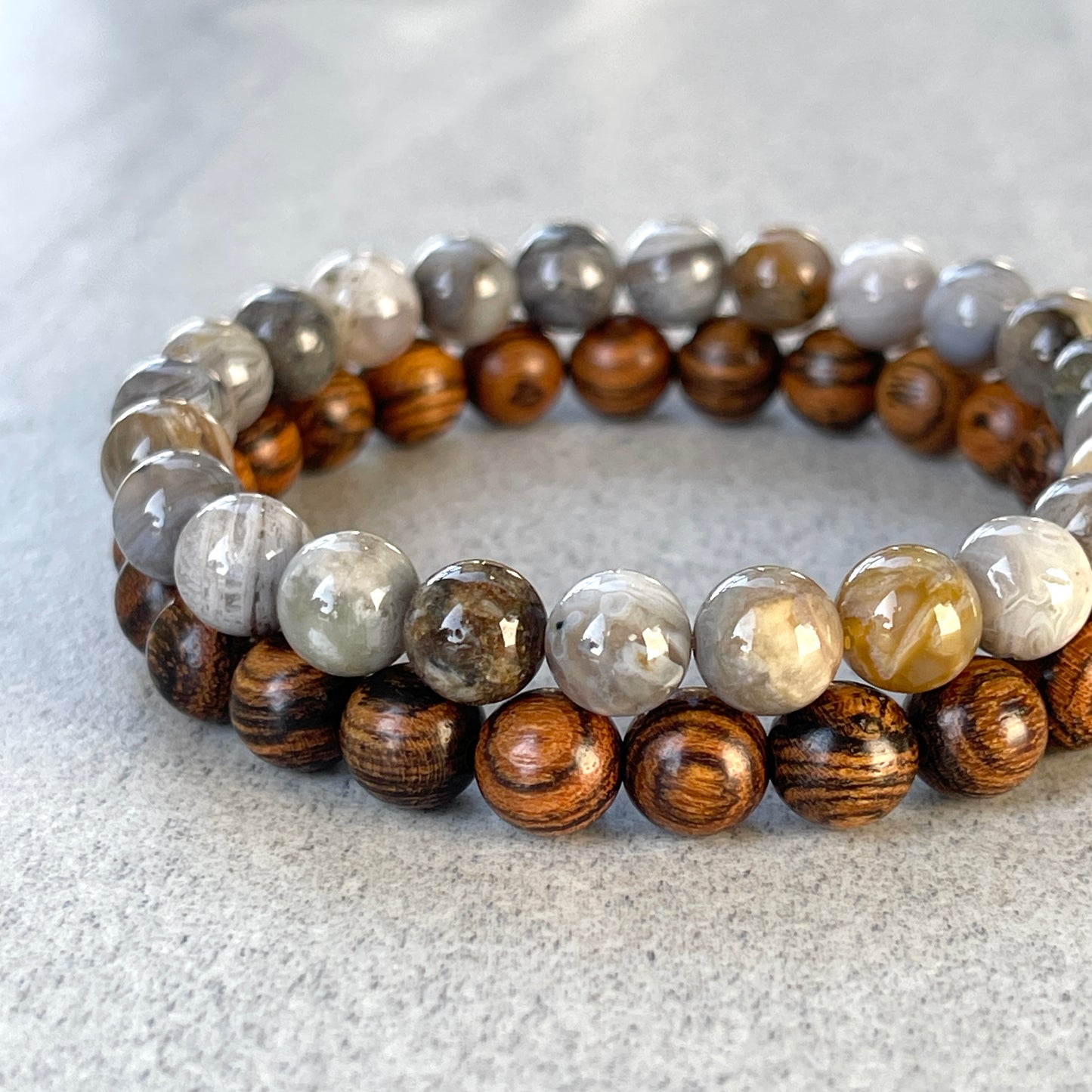 2-Pk Tiger Skin Sandalwood & Bamboo Leaf Agate Bracelet