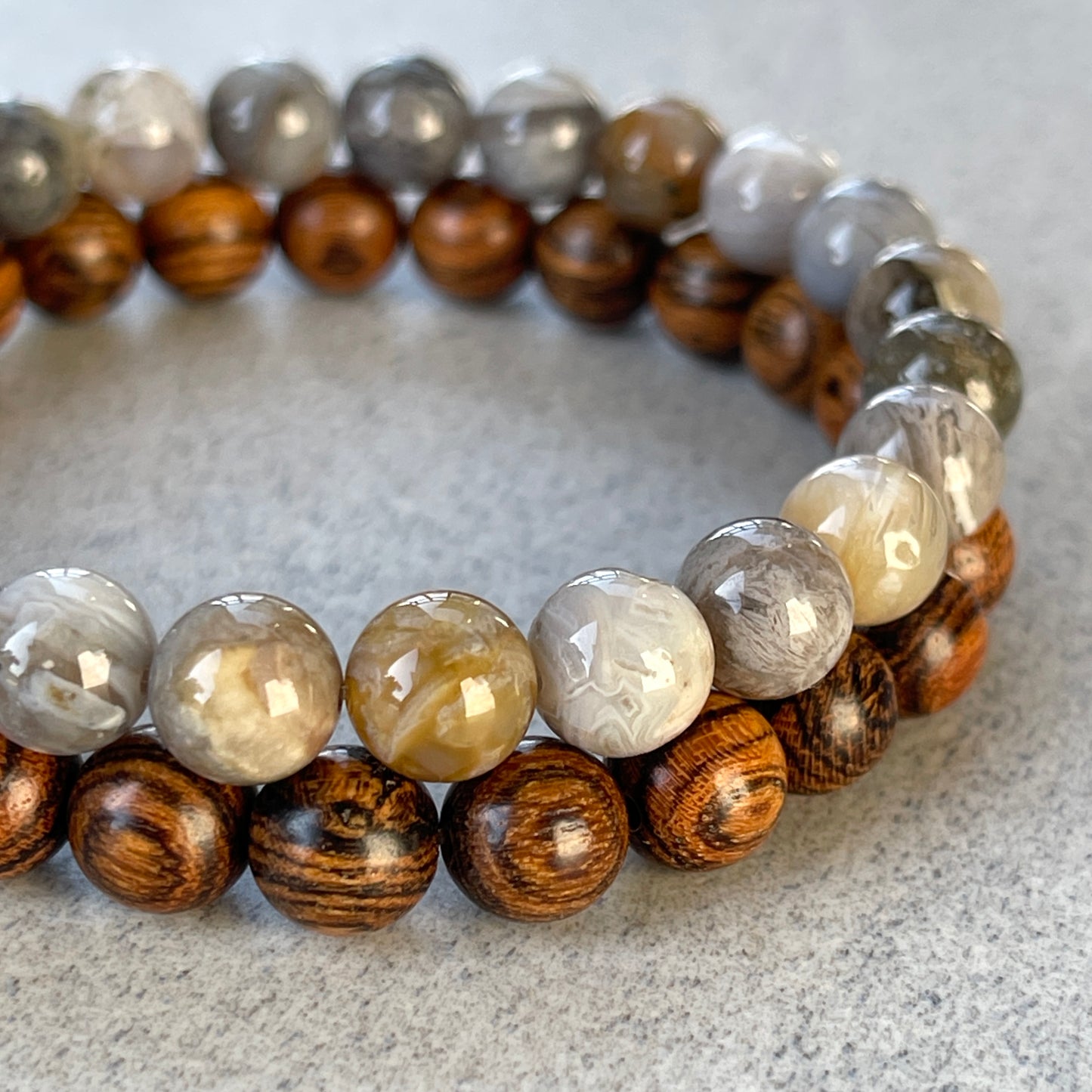 2-Pk Tiger Skin Sandalwood & Bamboo Leaf Agate Bracelet