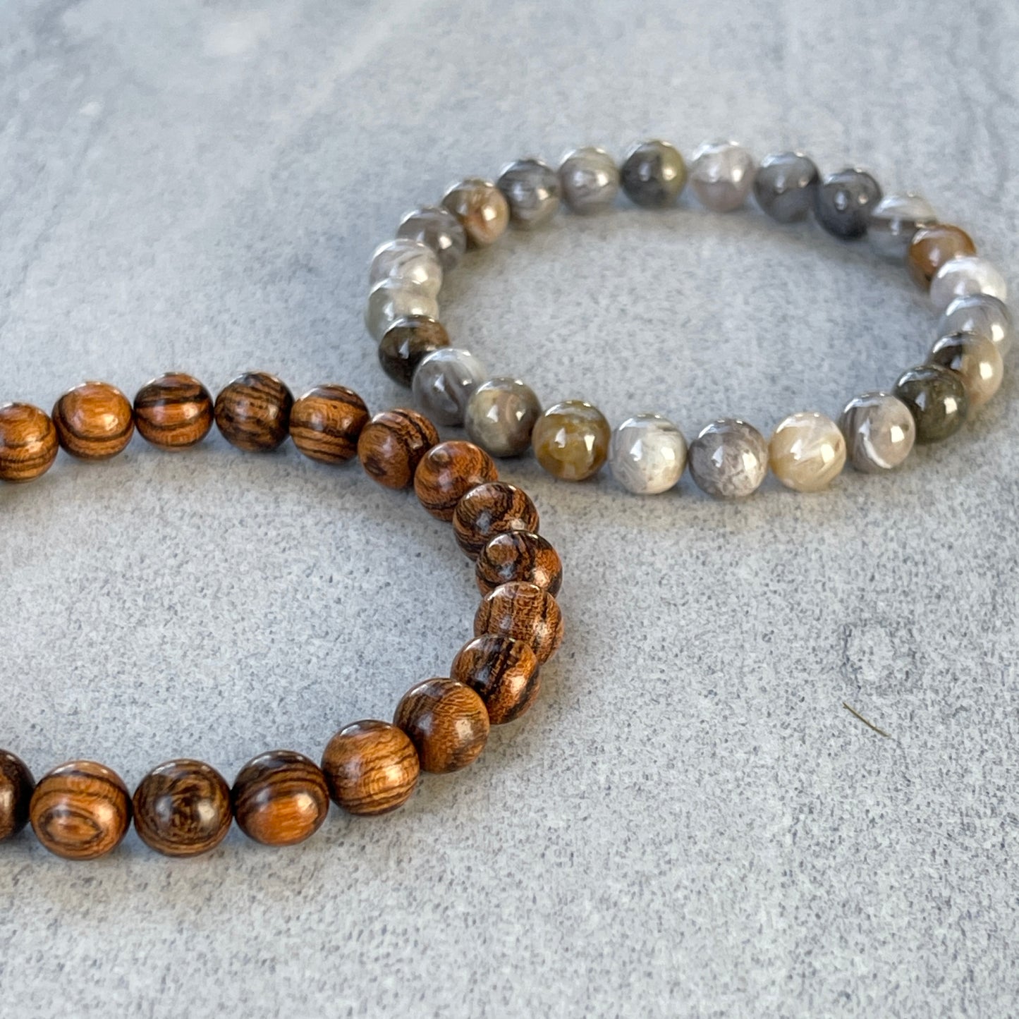 2-Pk Tiger Skin Sandalwood & Bamboo Leaf Agate Bracelet