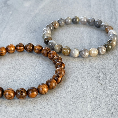 2-Pk Tiger Skin Sandalwood & Bamboo Leaf Agate Bracelet