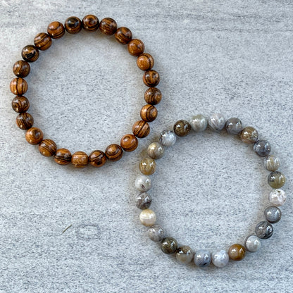 2-Pk Tiger Skin Sandalwood & Bamboo Leaf Agate Bracelet