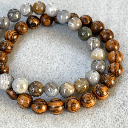 2-Pk Tiger Skin Sandalwood & Bamboo Leaf Agate Bracelet