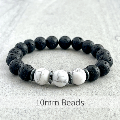 Black Lava, Matte White Howlite and Hematite Beaded Bracelet