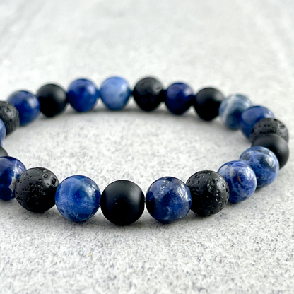 Blue Camo - Sodalite, Matte Onyx and Black Lava Beaded Bracelet