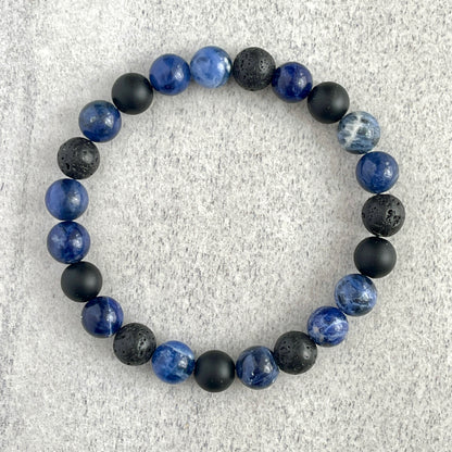 Blue Camo - Sodalite, Matte Onyx and Black Lava Beaded Bracelet