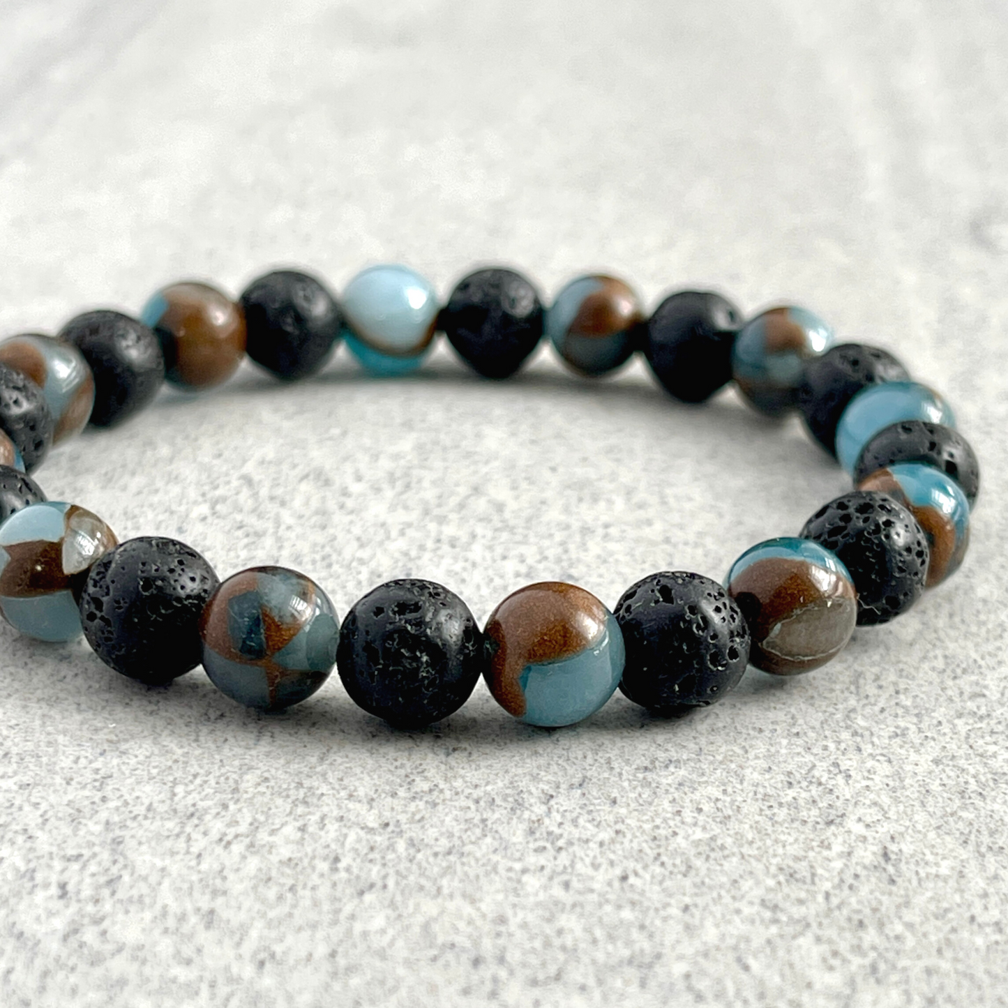 Blue Mosaic Quartz and Black Lava Beaded Bracelet