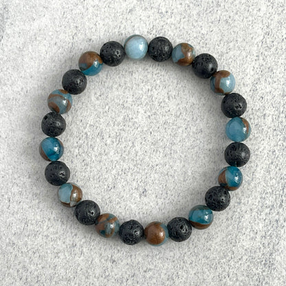 Blue Mosaic Quartz and Black Lava Beaded Bracelet