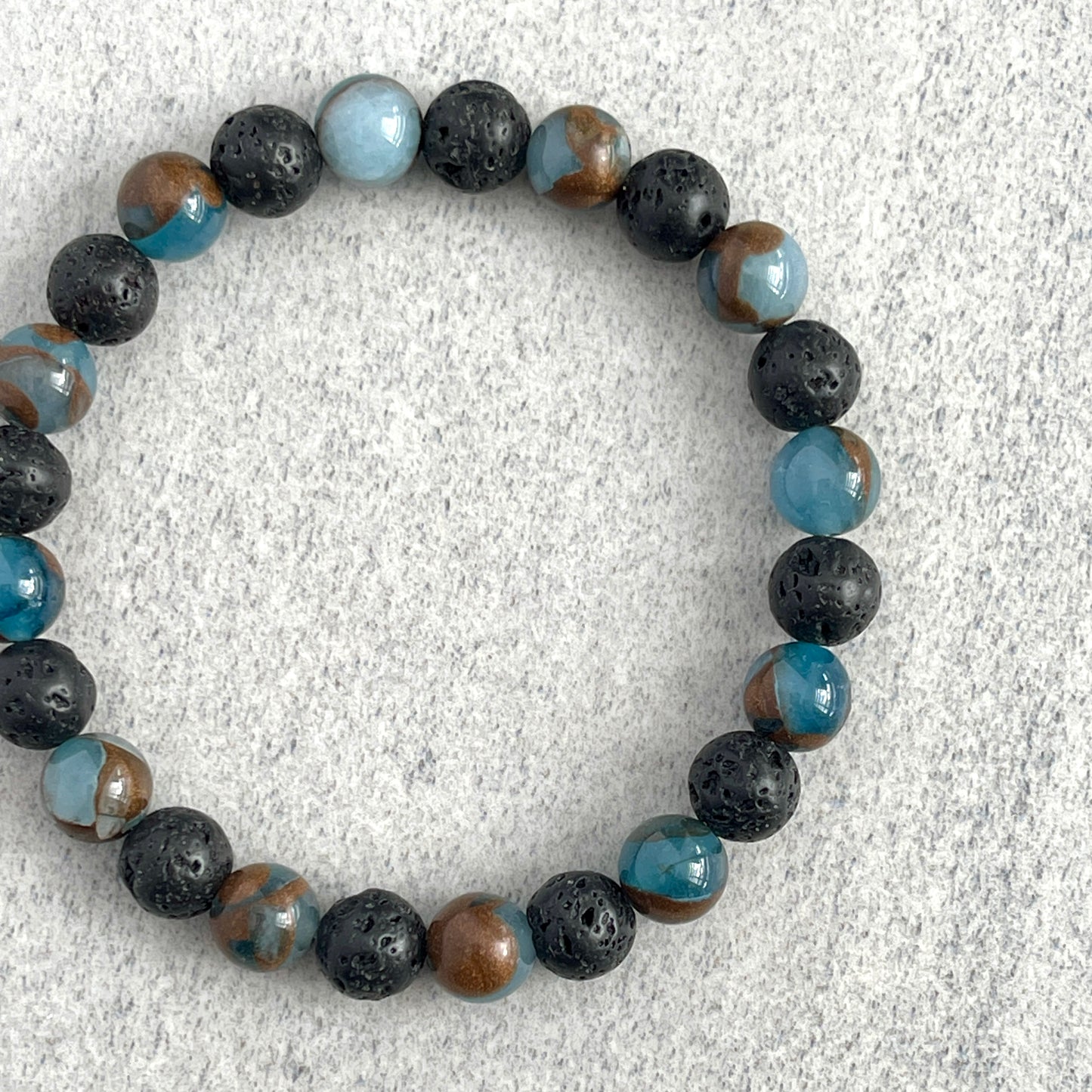 Blue Mosaic Quartz and Black Lava Beaded Bracelet