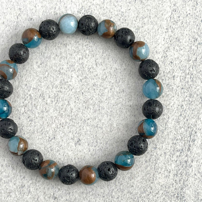 Blue Mosaic Quartz and Black Lava Beaded Bracelet