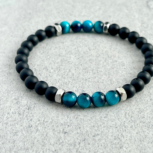 Matte Onyx, Aqua Blue Tiger Eye with Stainless Steel Accents Bracelet