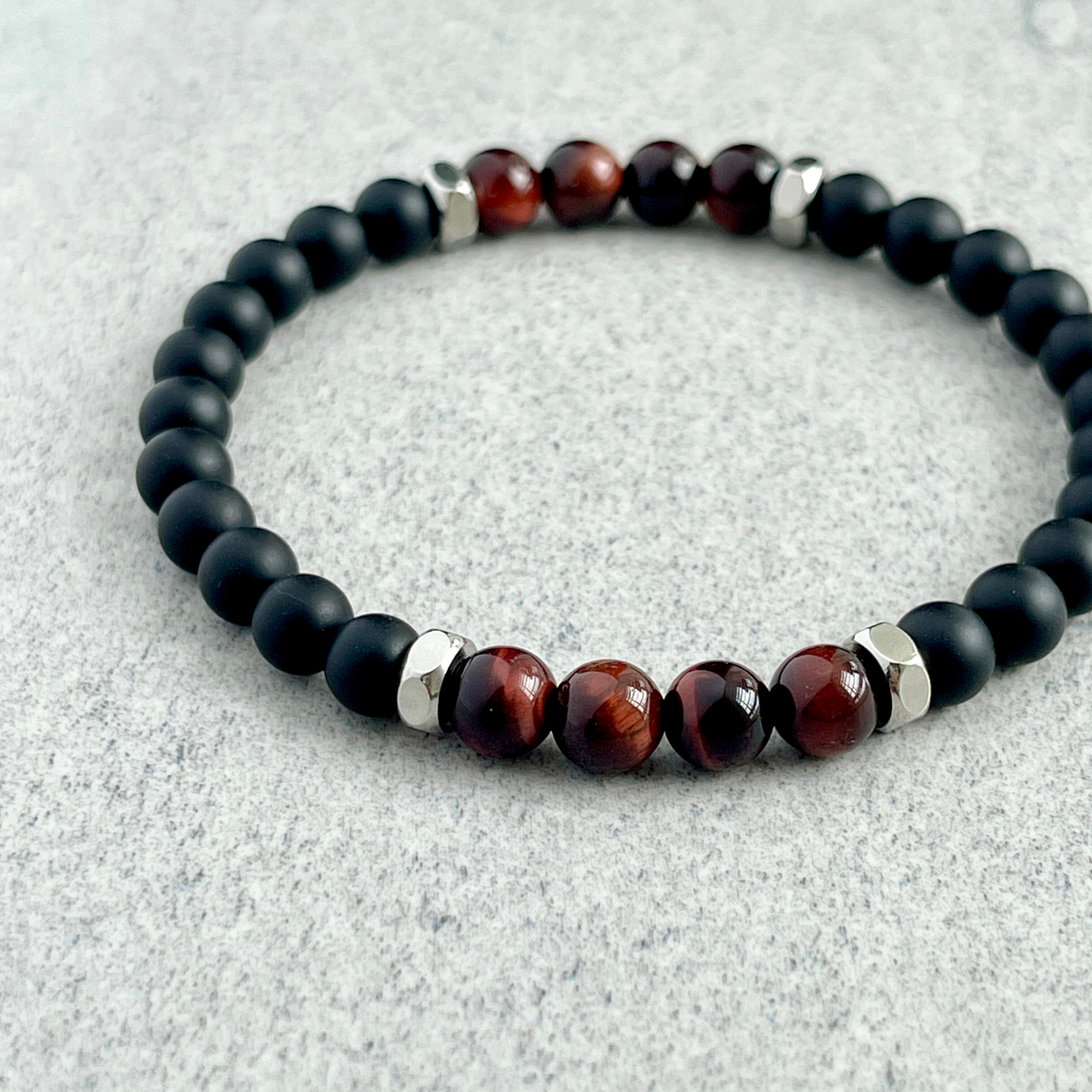 Matte Onyx, Red Tiger Eye with Stainless Steel Accents Bracelet