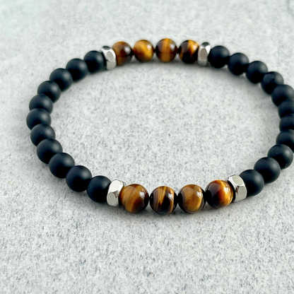 Matte Onyx, Yellow Tiger Eye with Stainless Steel Accents Bracelet