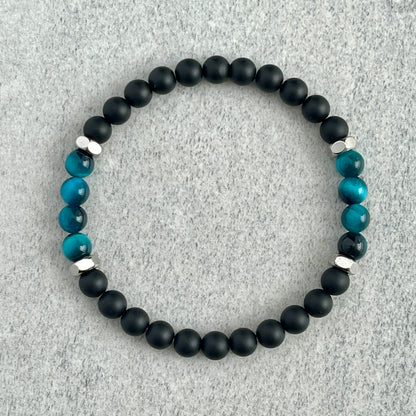 Matte Onyx, Aqua Blue Tiger Eye with Stainless Steel Accents Bracelet