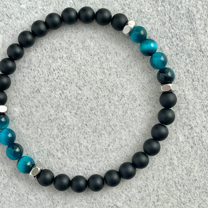 Matte Onyx, Aqua Blue Tiger Eye with Stainless Steel Accents Bracelet