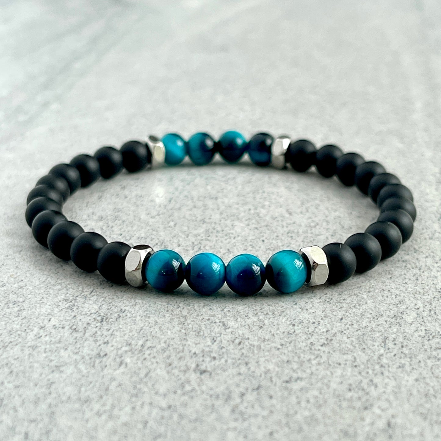 Matte Onyx, Aqua Blue Tiger Eye with Stainless Steel Accents Bracelet