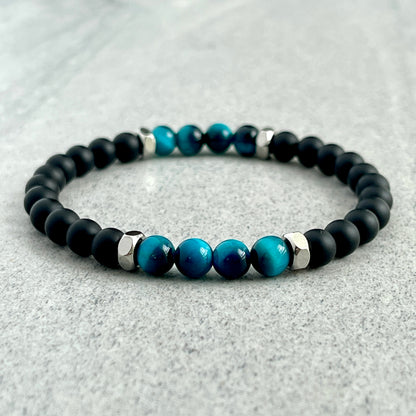 Matte Onyx, Aqua Blue Tiger Eye with Stainless Steel Accents Bracelet