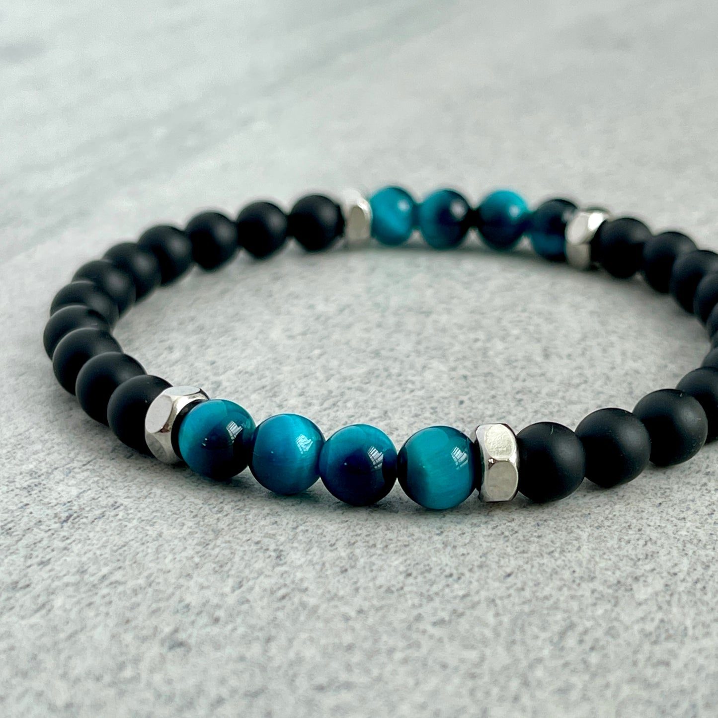 Matte Onyx, Aqua Blue Tiger Eye with Stainless Steel Accents Bracelet