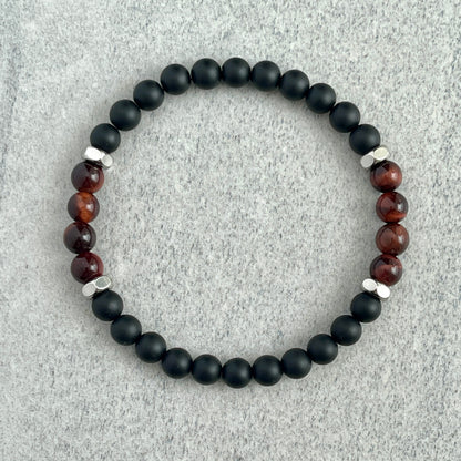 Matte Onyx, Red Tiger Eye with Stainless Steel Accents Bracelet