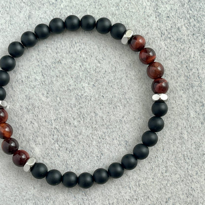 Matte Onyx, Red Tiger Eye with Stainless Steel Accents Bracelet