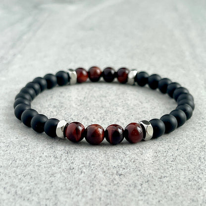 Matte Onyx, Red Tiger Eye with Stainless Steel Accents Bracelet