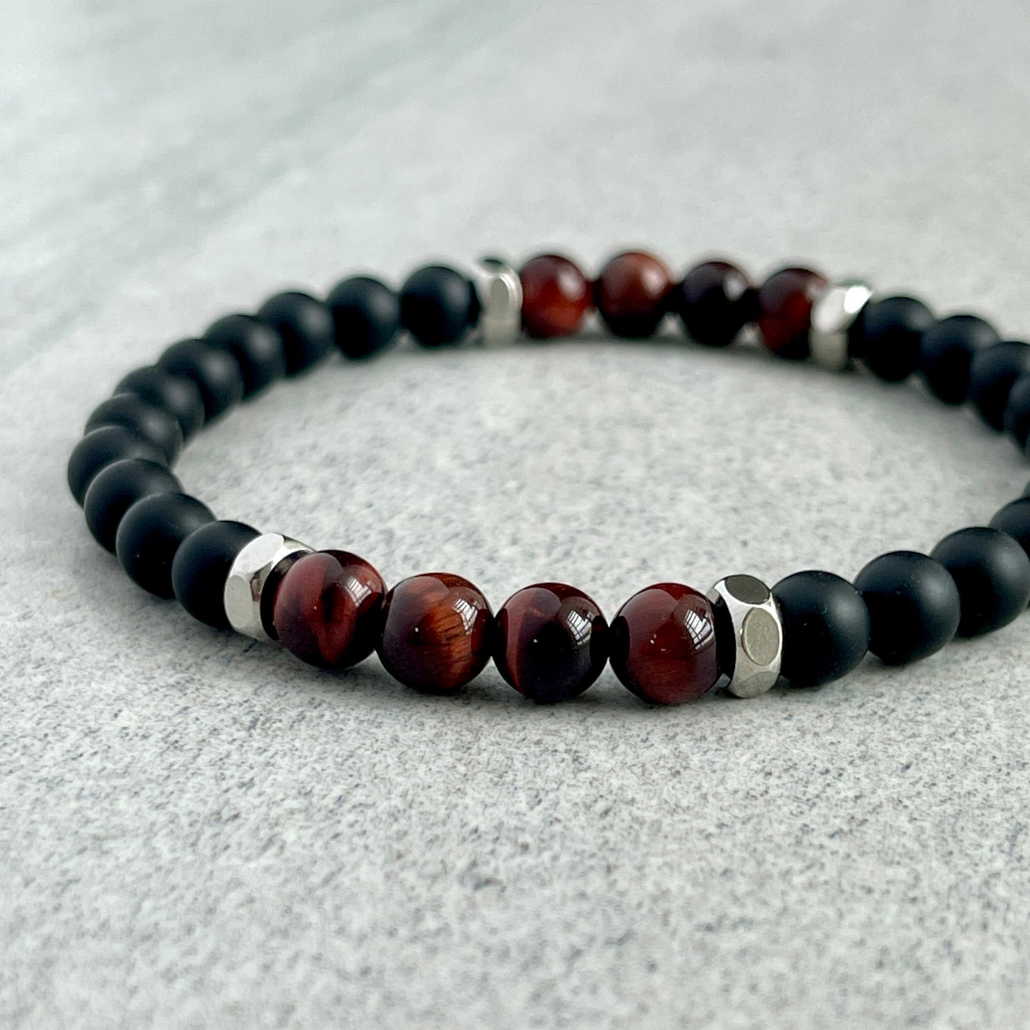 Matte Onyx, Red Tiger Eye with Stainless Steel Accents Bracelet