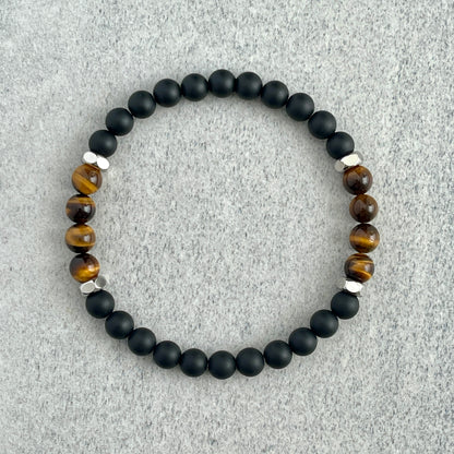 Matte Onyx, Yellow Tiger Eye with Stainless Steel Accents Bracelet